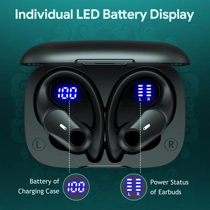 GOLREX Active Noise Cancelling Ear Buds Wireless Earbuds Bluetooth Headphones with 80H Playtime LED Display Wireless Charging Case, Over-Ear Hooks Earbud for Sports Running Gym Workout Black