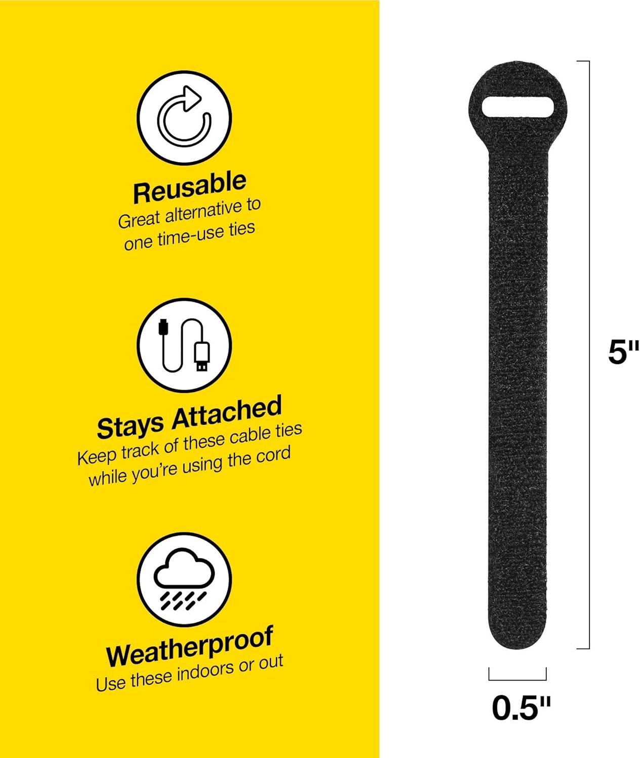 Self-Gripping Cable Ties by Wrap-It Storage, Black, 5 Inch Straps (50-pack) – Reusable Hook and Loop Cord Organizer Cable Ties for Cord Management and Desk or Office Organization