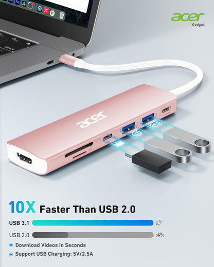 Acer USB Hub, 7 in 1 USB C to HDMI Multi-Port Adapter, 2 USB 3.1 GEN1 and 5Gbps Type-C Data Port, 4K HDMI Port, PD 100W Charging, SD Card Reader, for iPad Pro MacBook Pro Acer Laptops and More (Pink)