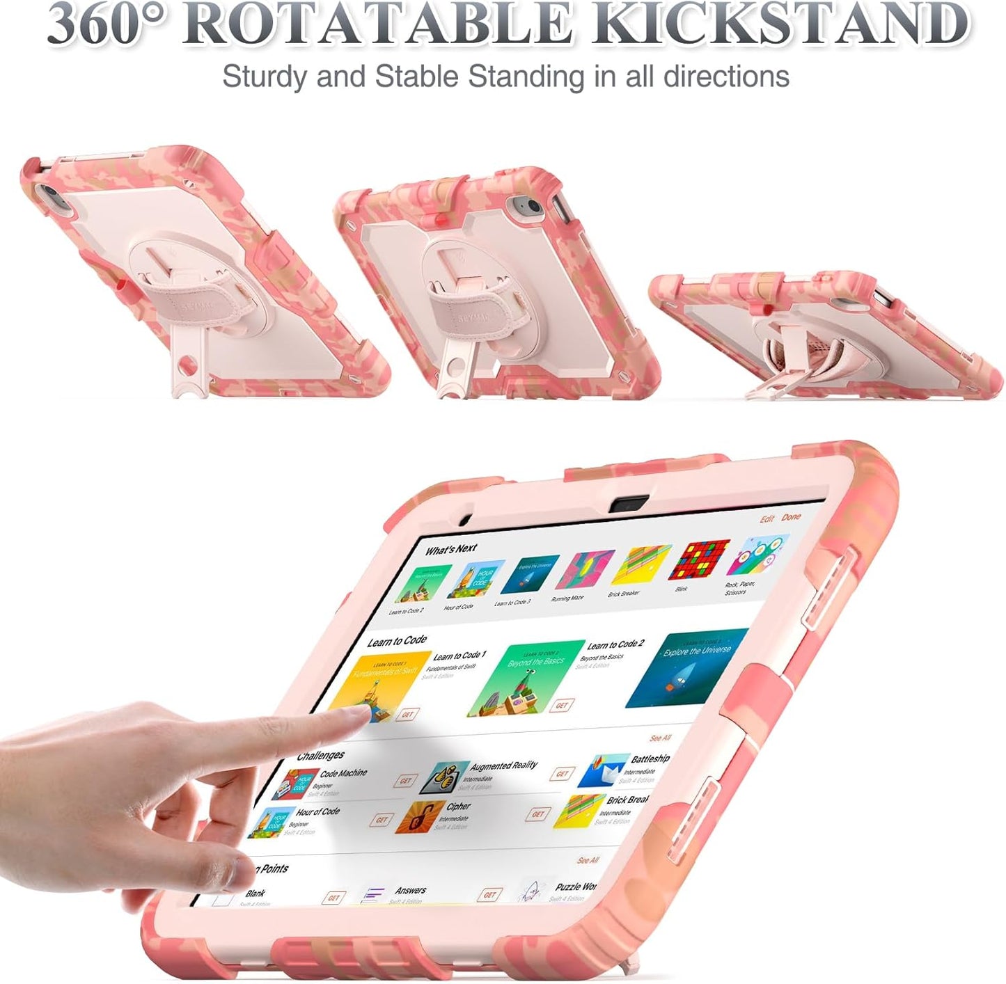 SEYMAC stock Case for iPad (A16) 11th/10th Generation 11''/10.9'' 2025/2022, Full-Body Drop Protection Case with Screen Protector &360° Rotate Hand Strap/Stand, Camo Pink