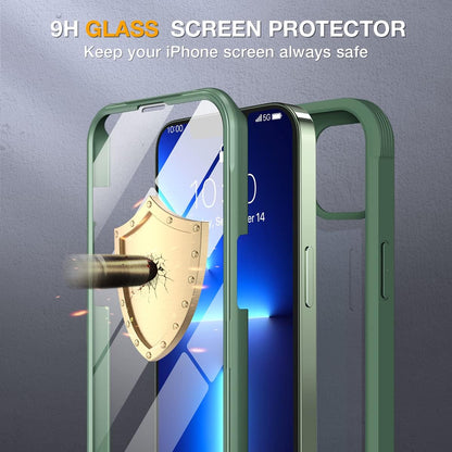 Miracase Glass Case for iPhone 13 Pro Max 6.7 inch, Upgrade Full-Body Clear Phone Bumper Case Cover with Built-in 9H Tempered Glass Screen Protector, Acacia Green