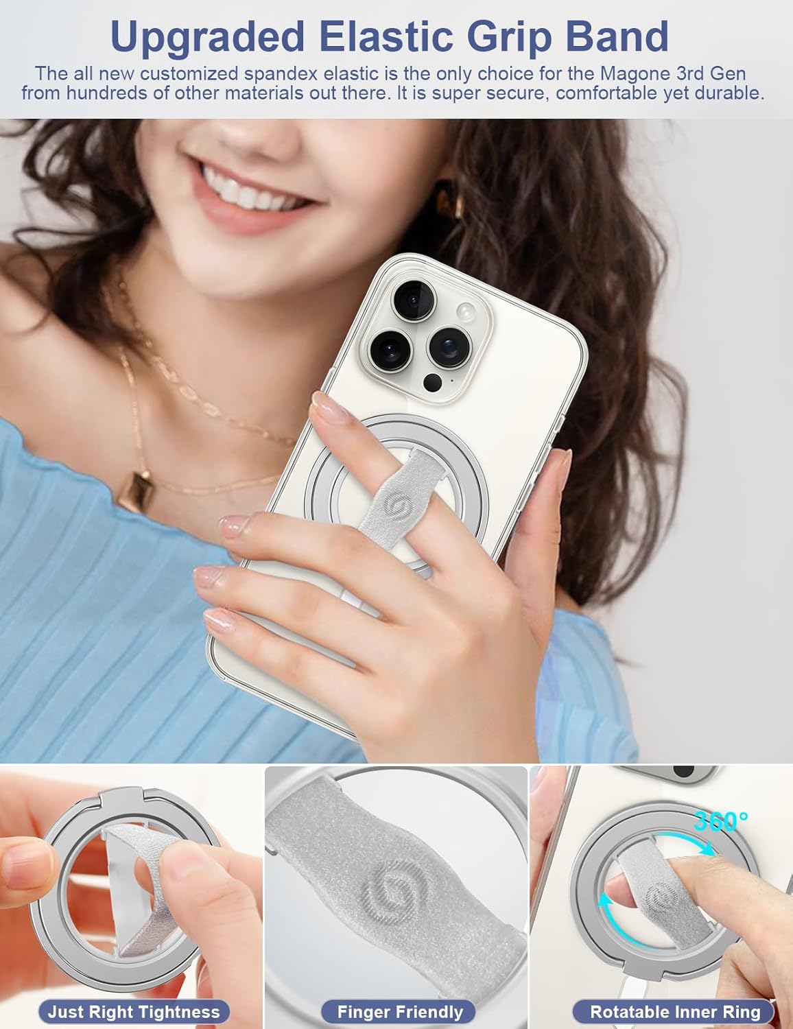 EWA MagOne 3rd Gen [Compatible with MagSafe] Phone Grip Stand with Finger Strap, Removable Magnetic Ring Holder Kickstand Loop for iPhone 16,15, 14, 13, 12 Series-(Silver)