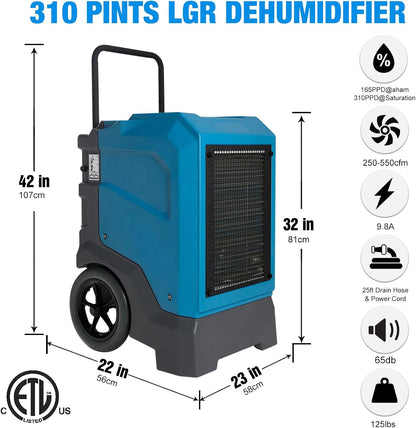 MOUNTO 310 Pints LGR Commercial Dehumidifier with Built-In Pump and Drain Hose – Portable, Heavy-Duty Dehumidifier with Wheels for Basements, Garages, Home, and Job Sites (Blue)