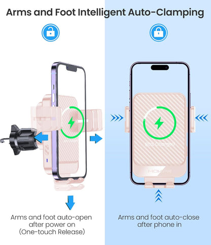 MOKPR Wireless Car Charger, 15W Fast Charging Auto-Clamping Car Mount Hands-Free Car Charger Mount for Dash Windshield Air Vent Compatible with iPhone 16 15/14/13/12, Samsung S23/S22/S21 Pink