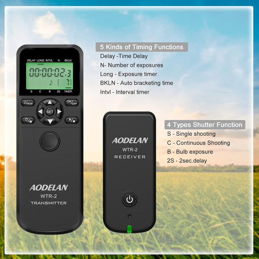 AODELAN Wireless Remote Control Shutter Release Timer intervalometer for Canon EOS RP, 90D, 80D, Rebel T6, SL2, 6D II, 5D IV, SX70 HS; Fujifilm GFX 50R, X-T3; Olympus OM-D E-M1 Mark II; Pentax K-1 II
