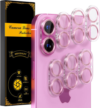 beuxece for 6 Pack iPhone 16 / iPhone 16 Plus Camera Lens Protector [Drop Protection] [Case Friendly] [Easy Installation] 9H Tempered Glass Camera Screen Protector Cover Accessories, CD Pink