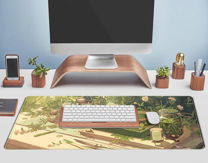 Green Gardener Desk Mat Anime Forest XL Gaming Mouse Pad Plant Lover Desk Pad with Stitched Edges, Women Desktop Decor Mousepad Laptop Computer Keyboard and Mouse Mat Desk Accessories 31.5x11.8 in