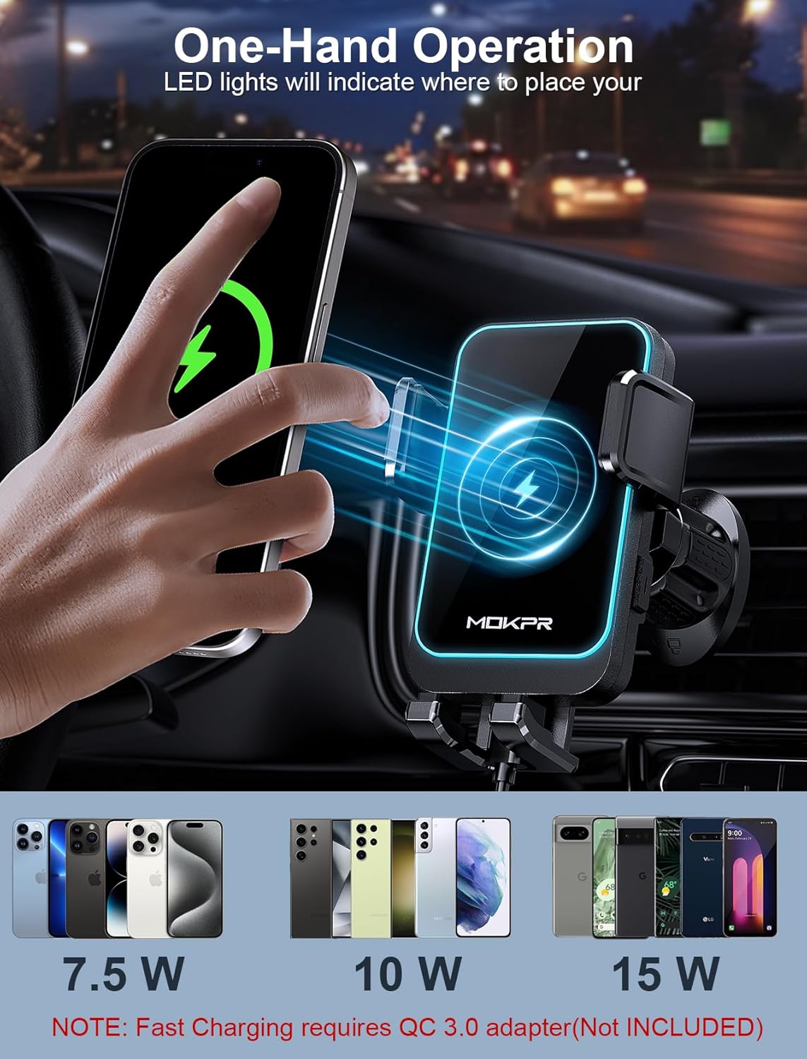 Wireless Car Charger, MOKPR 15W Fast Charging Auto Clamping Air Vent Car Phone Holder with LED Light Car Charger for iPhone 16 15/14/13/12 Pro Max Plus, Samsung S23/S22/S21,etc