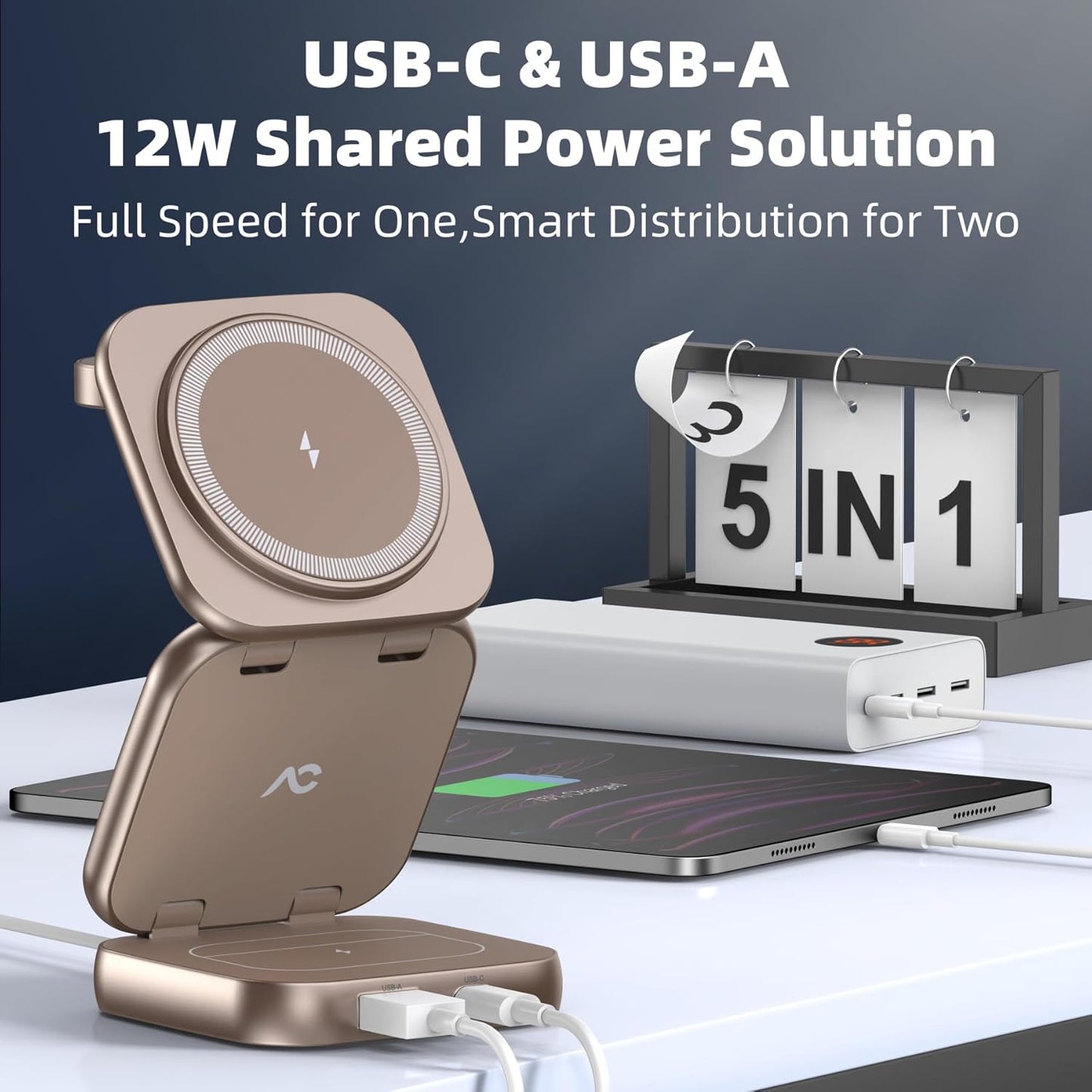 5-in-1 Wireless Charger for MagSafe, AC ISLAND Portable Travel Charging Station, 15W Max Fast Foldable Magnetic Stand, Evolved for iPhone 16/15/14/13 Series, Apple Watch, AirPods (with 35W Adapter)