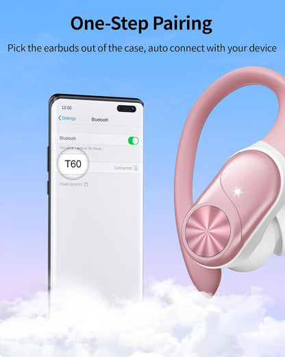 PocBuds Bluetooth Headphones Wireless Earbuds 80hrs Playtime Wireless Charging Case Digital Display Sport Ear Buds with Earhook Deep Bass IPX7 Waterproof Over-Ear Earphones for Phone Laptop Rose Gold
