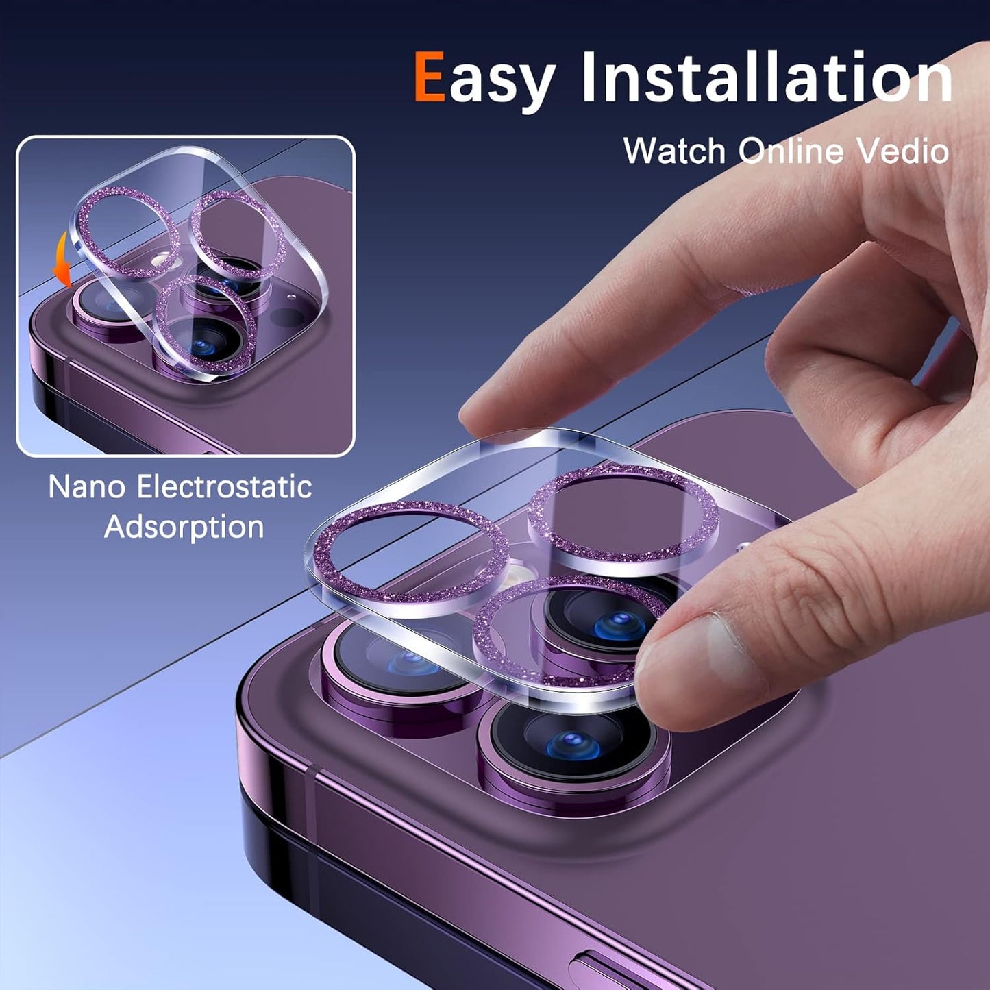 UniqueMe [3 Pack] Compatible for iPhone 14 Pro Max/iPhone 14 Pro Camera Lens Protector Tempered Glass,[Case Friendly][Scratch-Resistant][Night Shooting Mode]-Glitter Purple