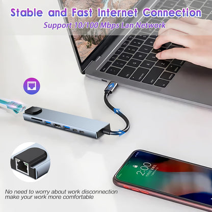 USB C HUB, 8 in 1 USB C Adapter with 4K HDMI, 100W PD, USB C Port, USB 3.0, RJ45 Ethernet, SD/TF Card Reader, Docking Station Compatible with MacBook Pro/Air USB C Laptops and Other Type C Devices