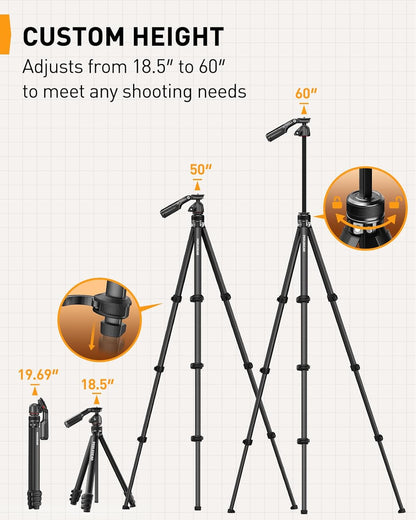 Perlegear Camera Tripod, 60″ Portable and Height-Adjustable, Travel Tripod with 13.2 lbs Max Load, Phone Camera Stand Heavy Duty for Video Recording, PGIPE01