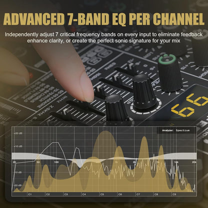 6 Channel Audio Mixer Sound Board Console System 99 DSP DJ Mixer 48V Phantom for Karaoke DJ Studio Streaming Recording