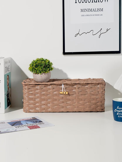 Temary Cable Management Box with Lids, 2-Pack Handmade Cable Organizer Boxes for Home, Office to Hide Cords and Power Strip, Cord Cover Floor Hider Set Woven Rattan Cable Organizer Box (Brown)