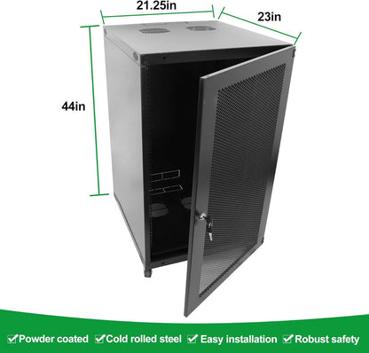 22U Server Cabinet Wall Mount Rack Enclosure with Caster Wheels 2 Server Fans Locking Grid Gate Removable Side Panels 19" Network Cabinet 15-18.5" Installation Depth Heavy-duty frame(22u cabinet 44IN)