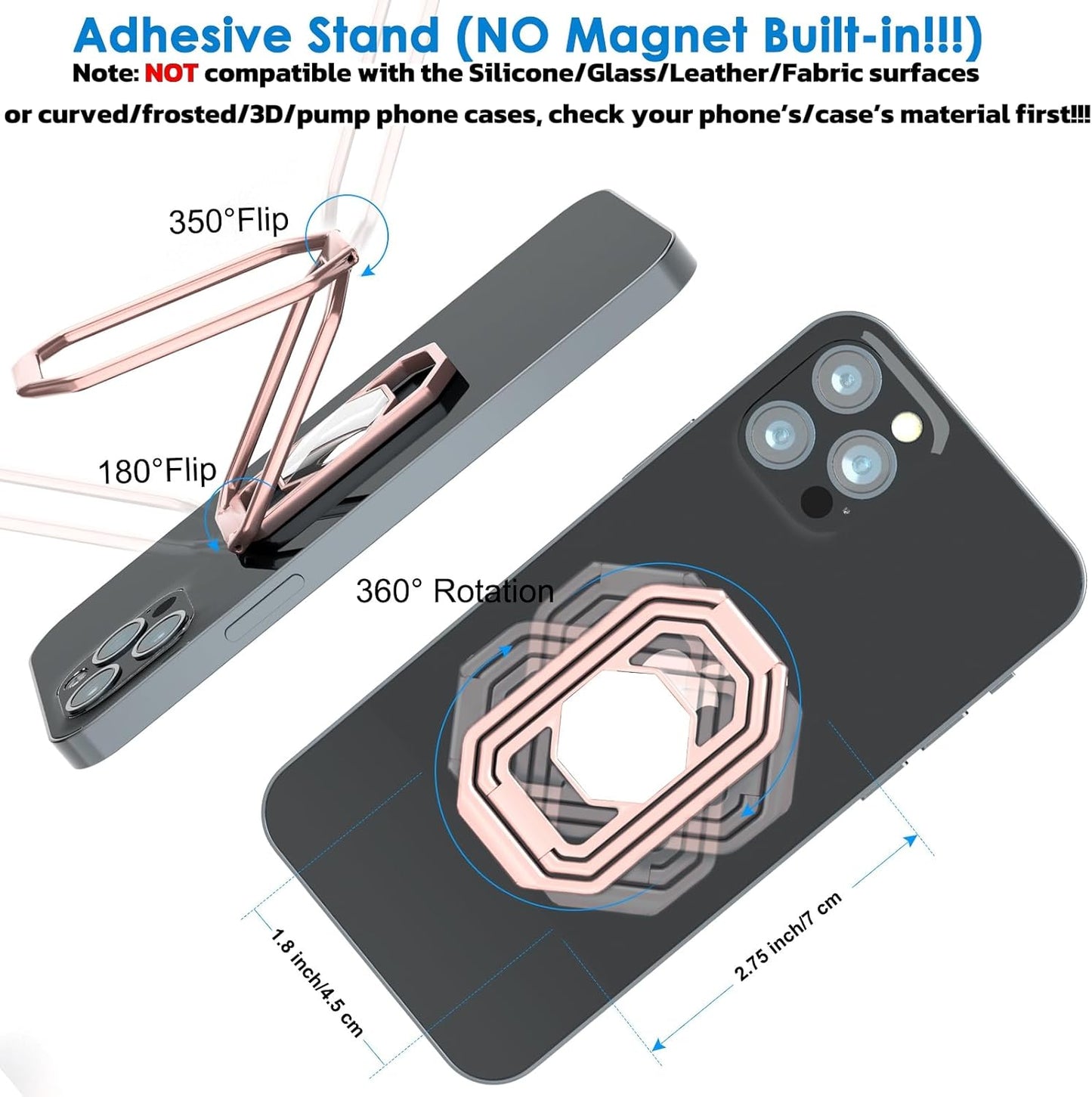 Phone Ring Holder Finger Kickstand, 360° Rotation Metal Phone Grip for Magnetic Car Mount Foldable Cell Phone Stand Compatible with Most Smartphones