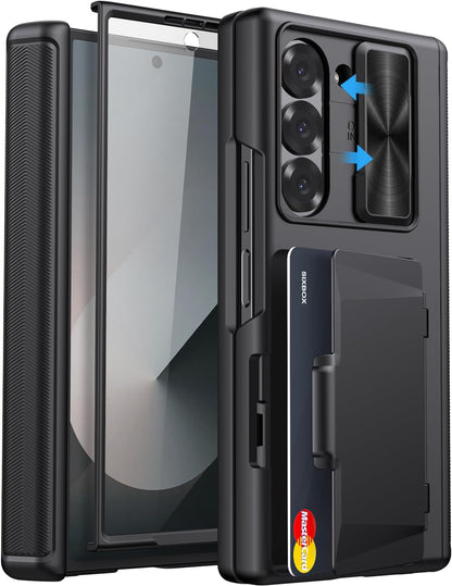 for Samsung Galaxy Z Fold 6 Case with Card Holder & Slide Camera Cover, Built-in Screen Protector & Hinge Protection, Shockproof Durable Wallet Phone Cover Case for Galaxy Z Fold 6 2024, Black