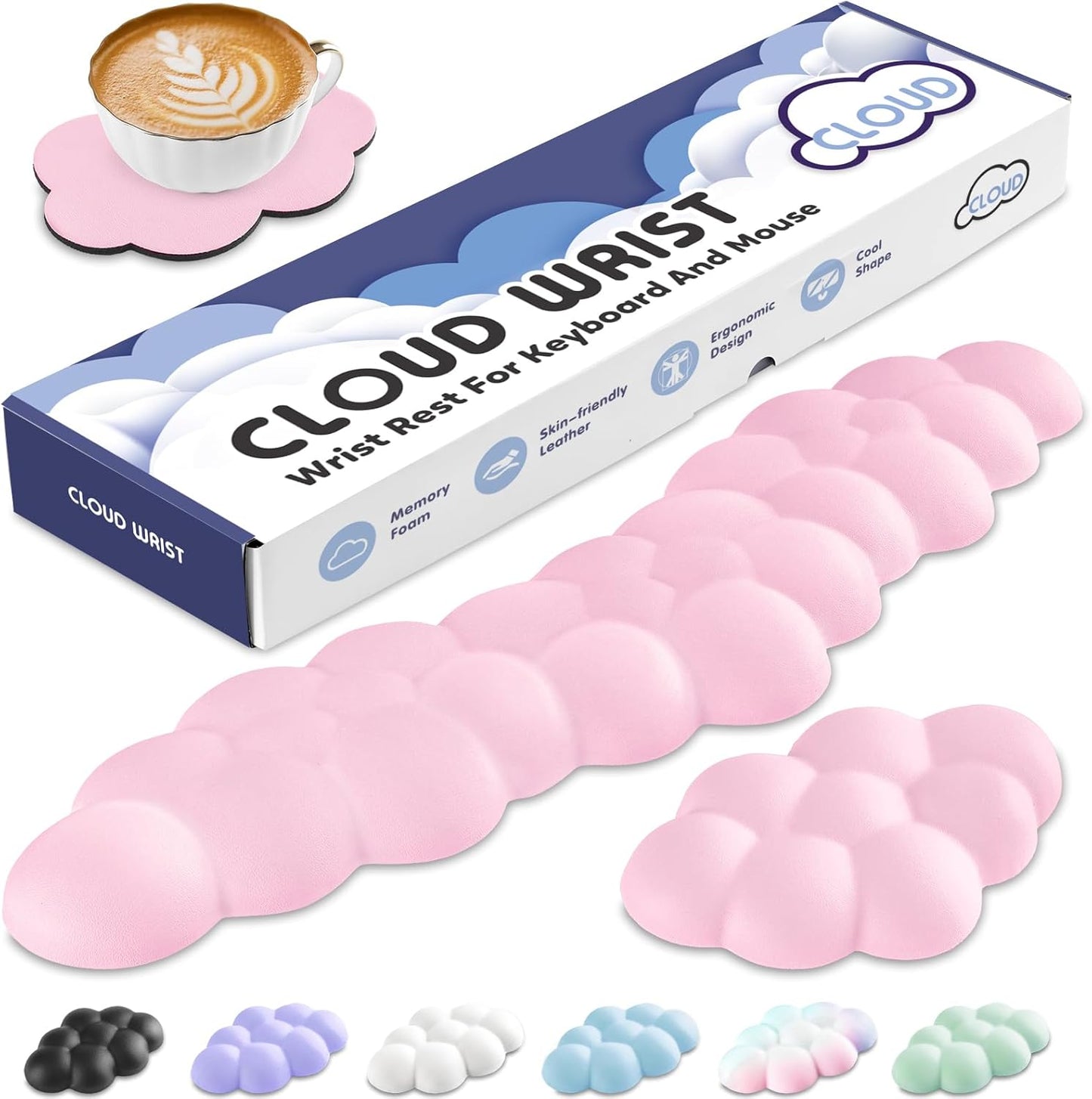 Cloud Wrist Rest for Keyboard and Mouse, Memory Foam PU Leather Keyboard Wrist Rest with Ergonomic Support, Non-Slip Base, Cute Arm Rest Pad & Palm Cushion, Office Desk Accessory, Pink