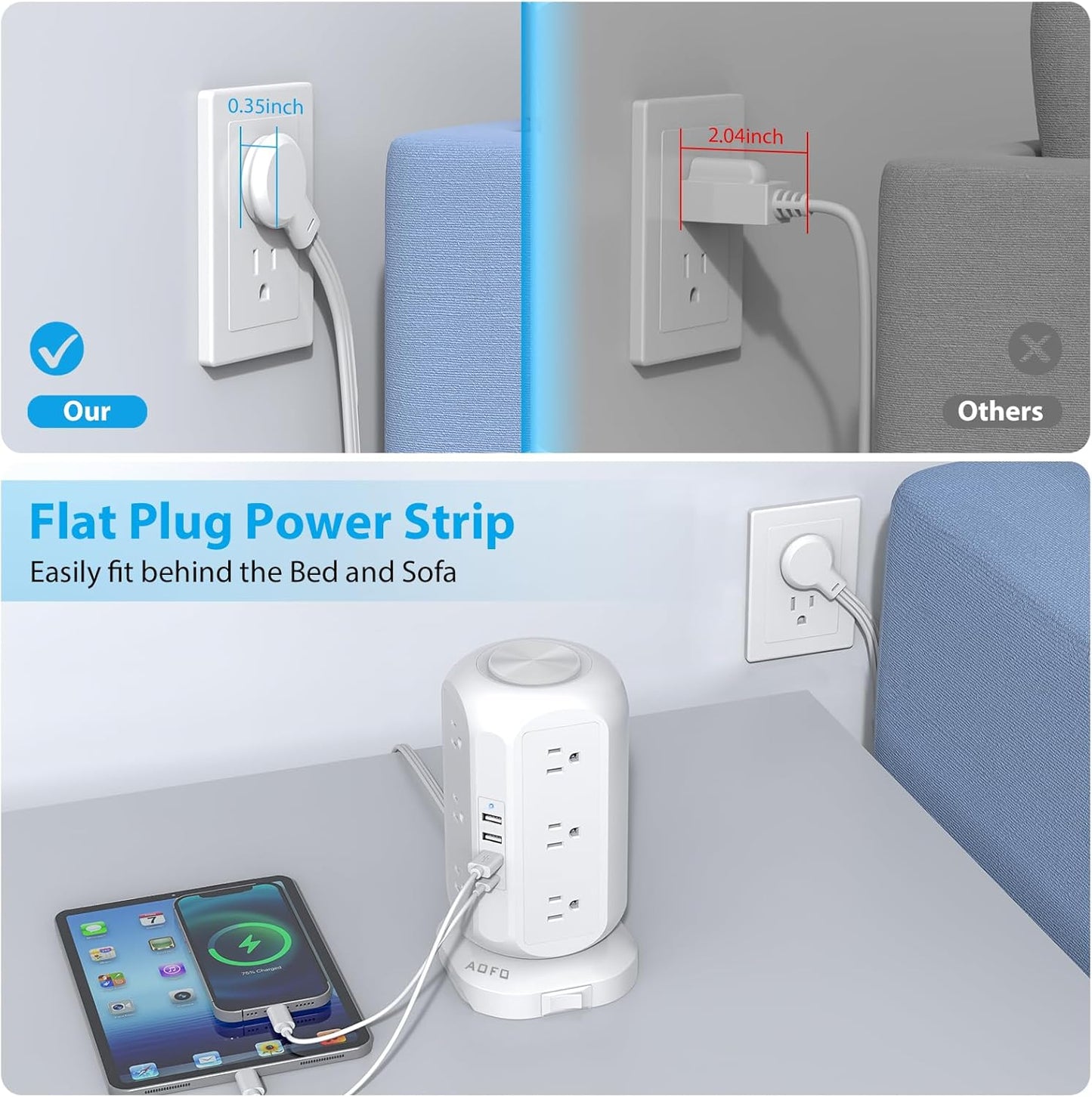 Tower Power Strip Flat Plug with 12 Outlets 4 USB(1 USB C),AOFO Surge Protector Charging Station with Overload Protection, Widely Spaced Multiple Outlets 10Ft Extension Cord for Home, Dorm,Office