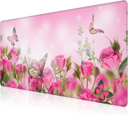 Mouse Pad, Large Pink Roses with Butterflies Desk Mat, Extended Non-Slip Gaming Keyboard Mousepad Desk Pad, Thick Stitched Edges Waterproof Mouse Mat 31.5"x15.7" (Beautiful Spring Floral)