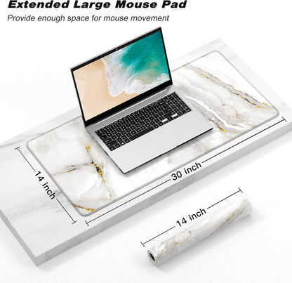 Extended Gaming Mouse Pad, XXL Large Desk Pad 30 x 14 Inch, Big Computer Keyboard Mousepad, Waterproof Mouse Mat with Stitched Edges and Non-Slip Base for Women Office Gaming, White Marble