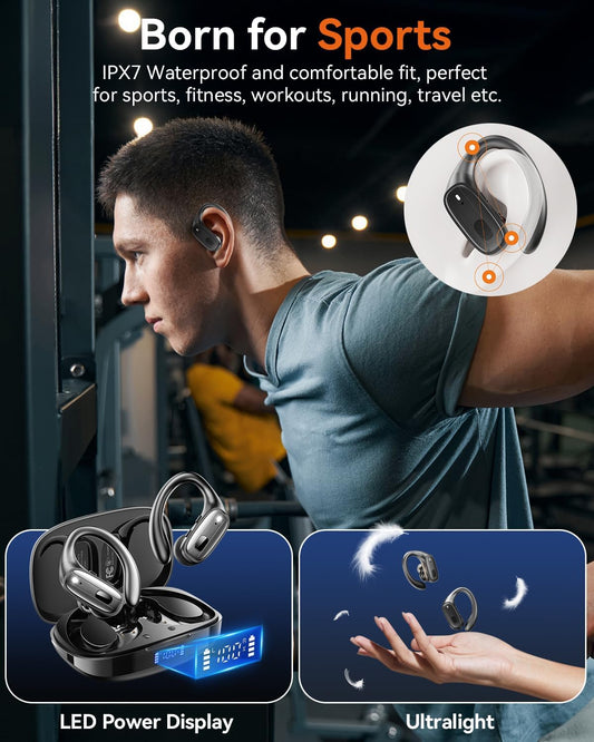 Wireless Earbuds, Sports Bluetooth 5.4 Headphones, Ear Buds with ENC Noise Canceling Mic, 80Hr Playtime Earphones, Palm-Sized, LED Power Display, IPX7 Waterproof Headset for Workout Running, Black