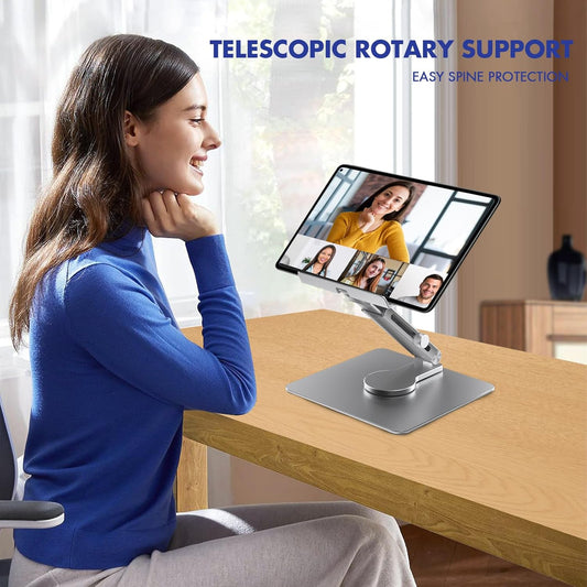 GuaziV 360° Rotating Tablet Stand - Adjustable iPad Tablet Holder for Desk, Foldable iPad Swivel Stand for Home & Office (Sleek Silver)