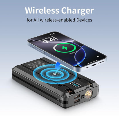 Solar Power Bank Portable Charger 52800mAh 5V/3A Fast Charging Battery Pack with Built in 4 Cables 2 Outputs & LED Flashlight for All Mobile Devices Camping Traver Outdoor