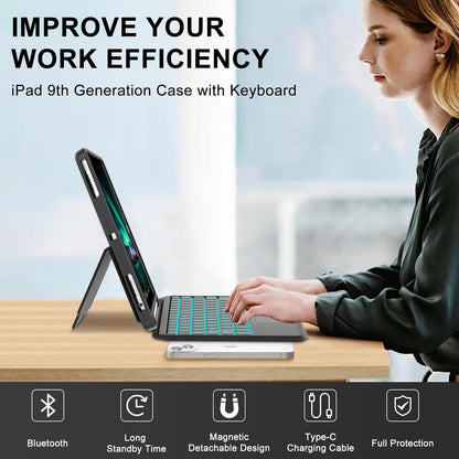 Touch for iPad 9th/8th/7th Generation Case with Keyboard 10.2 Inch, Multi-Touch Trackpad, 7 Color Backlit, Detachable Magnetic Folio Cover with Pencil Holder for iPad Air 3rd Gen/iPad Pro 10.5" Black