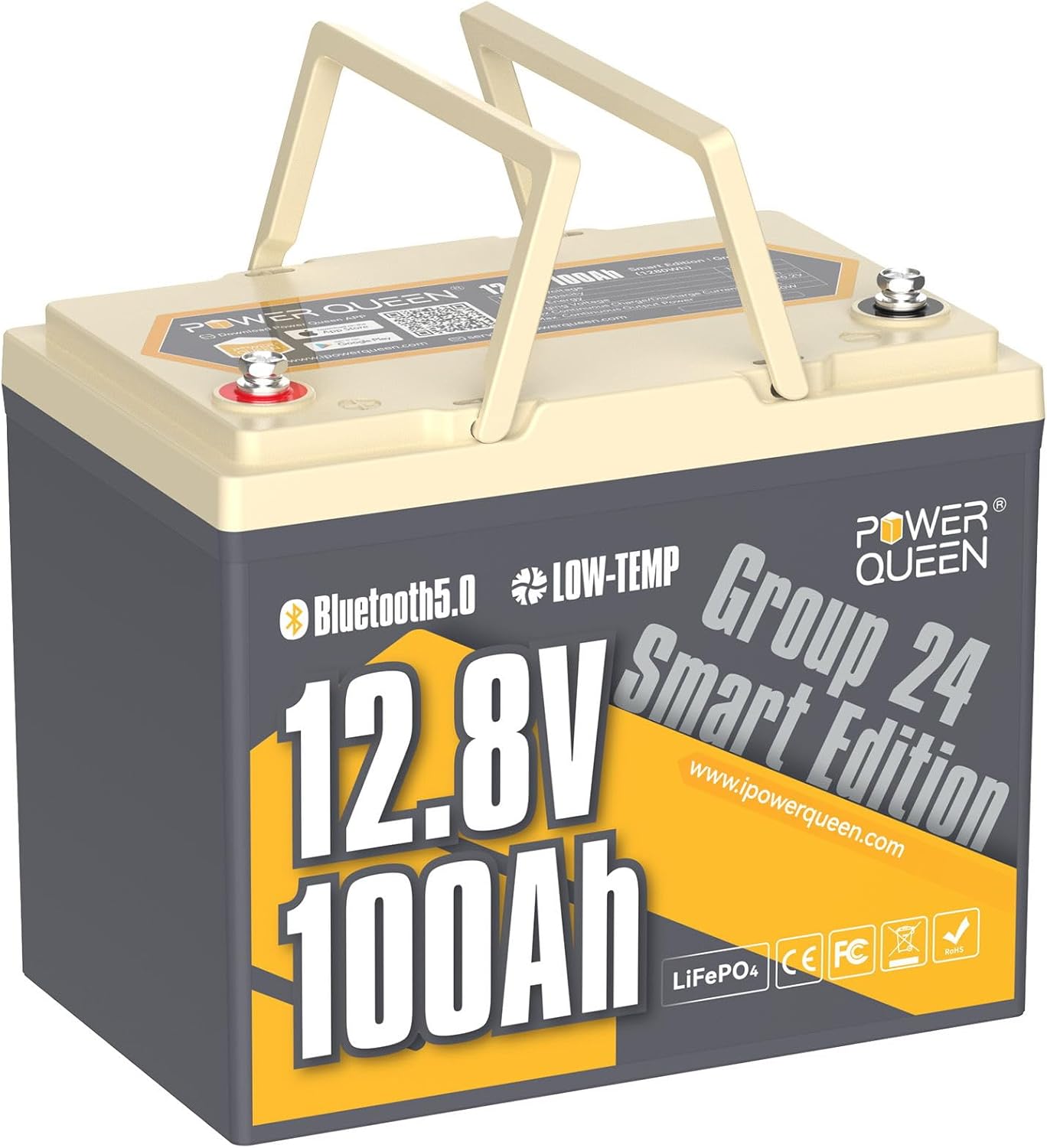 Power Queen Bluetooth 12V 100Ah LiFePO4 Battery, Group 24 Deep Cycle Battery Max. Output Power 1280W, 100A BMS with Low-Temp Cut-off Protection for RV, Trolling Motors, Solar System