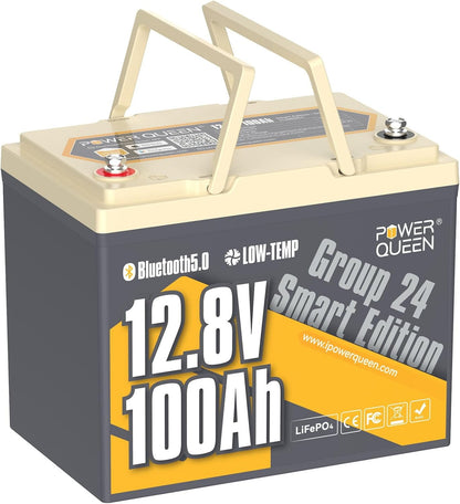 Power Queen 12V 100Ah LiFePO4 Battery Bluetooth Lithium Battery, Low-temp Cut-off Deep Cycle Battery with 100A BMS, 1280Wh Energy, Up to 15000 Cycles for Trailer RV, Motor Home, Marine