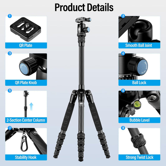 Sirui Compact Traveler 5C Tripod 54.3 inches Lightweight Carbon Fiber Travel Tripod for Camera with 360° Panorama Ball Head for Arca Swiss Quick Release Plate, Max Load 8.8lbs