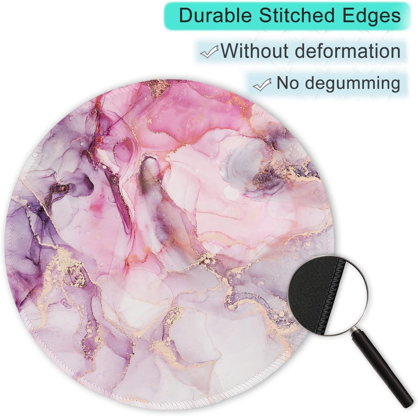 ITNRSIIET Round Mouse Pad with Stitched Edge Premium-Textured Waterproof Non-Slip Rubber Base Desktop Protection Mat Diameter 8.7 inches, Pink Abstract Marble