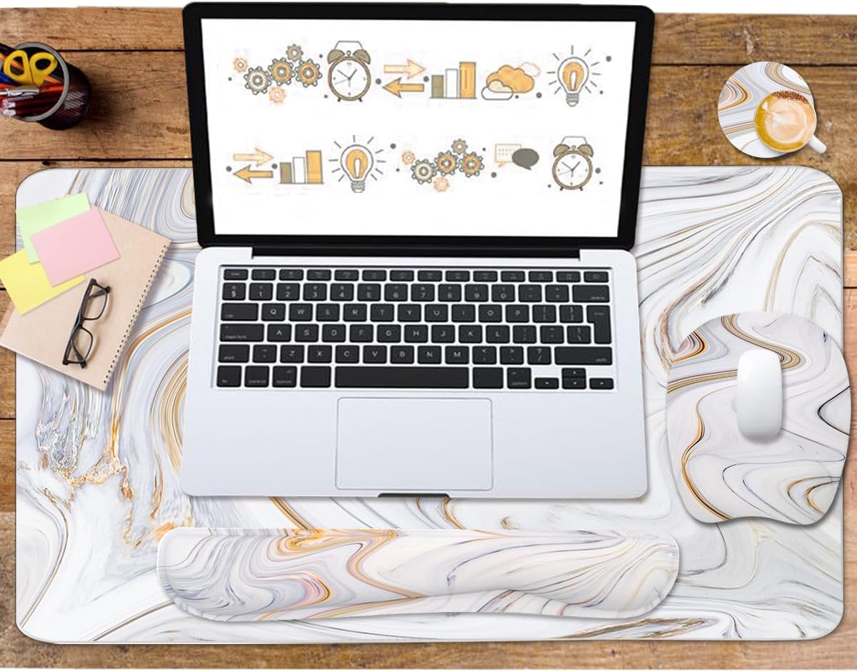 Keyboard Wrist Rest Large Mouse Pad Wrist Support for Computer, 4 in 1 Memory Foam Keyboard Pad Desk Mat Ergonomic Hand Rest Wrist Cushion for Home Office Gaming-White Marble