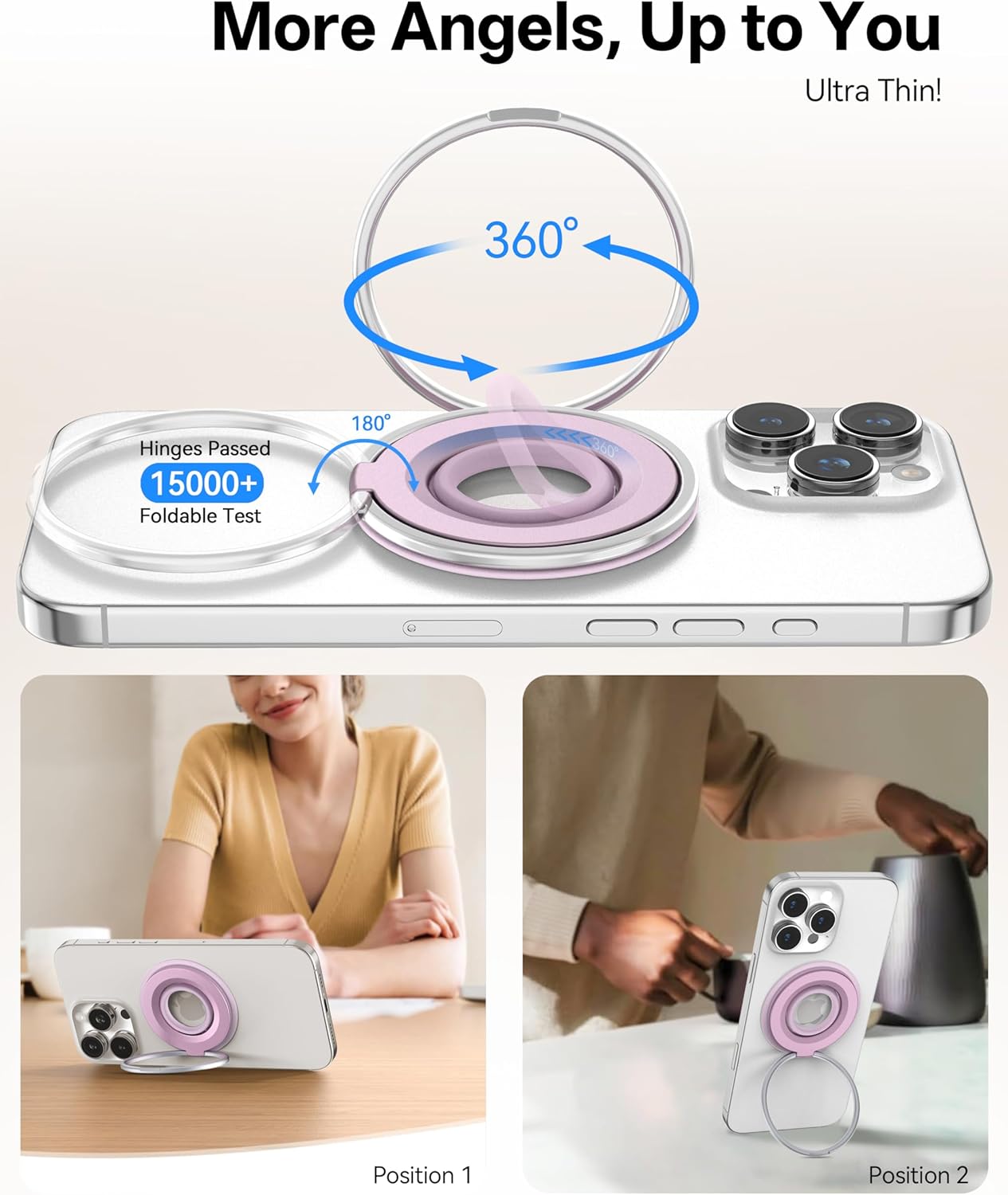 [2025 Newest] Magnetic Phone Grip for MagSafe Ring Holder, Magnet Phone Grip Stand Finger Kickstand Two-Sided Magnetic Compatible with iPhone 16 Pro/Max 15 14 13 12 11 Plus&Android (Pink)