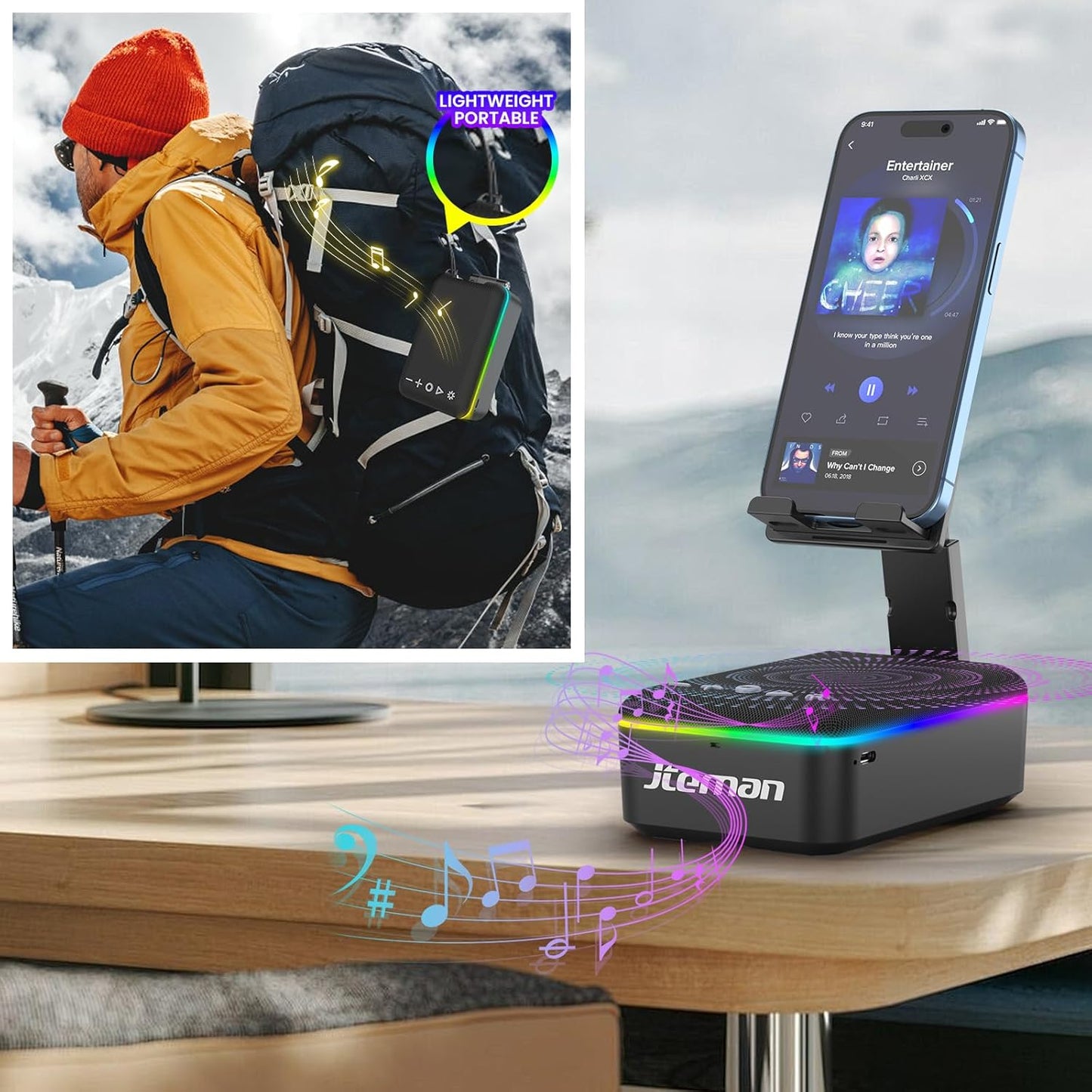 JTEMAN Gifts for Men Women,Cell Phone Stand with Bluetooth Speaker,LED Light,and Lanyard,Cool Tech Gadgets,Unique Birthday Gifts for Men Husband Mom Dad