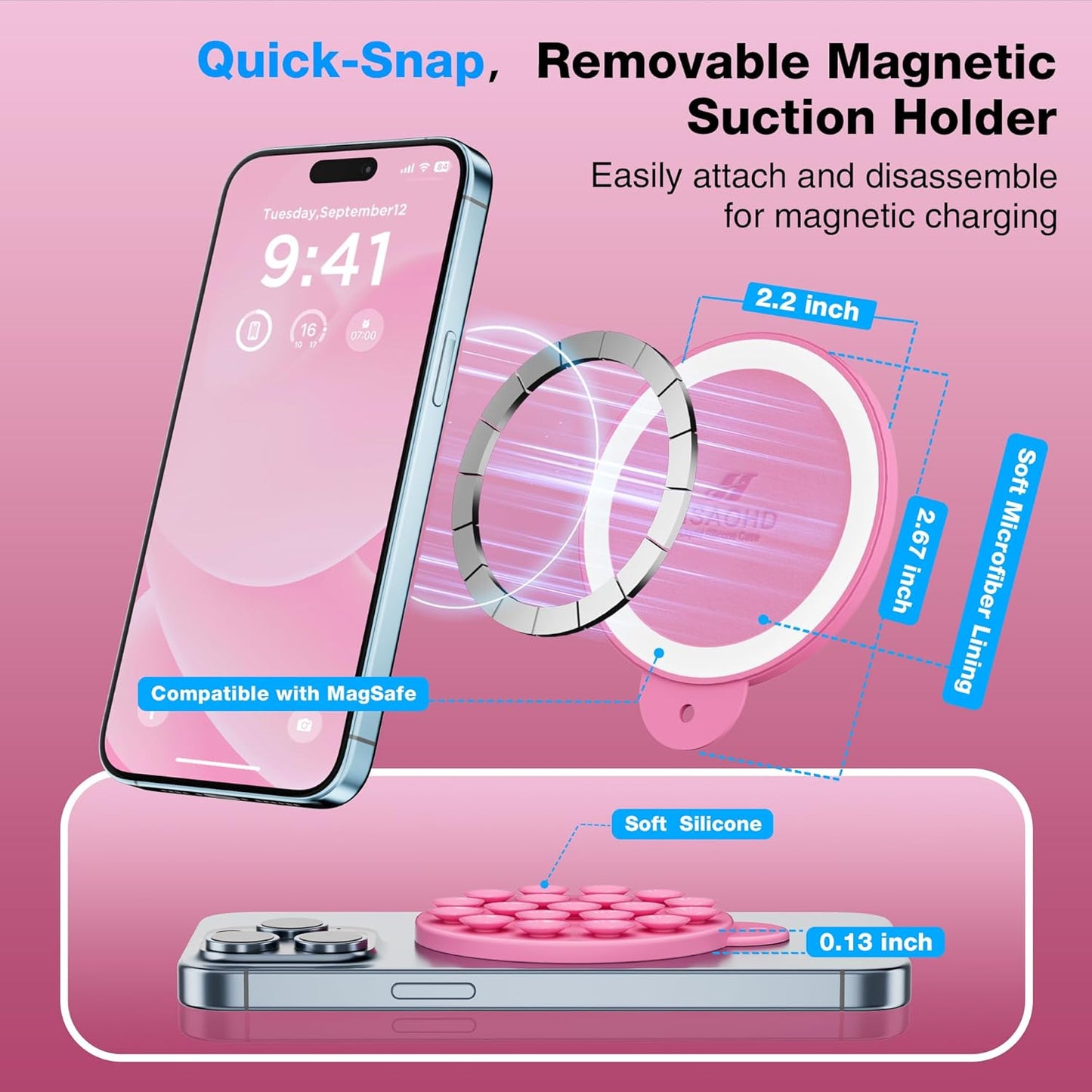 Magnetic Suction Cup Phone Mount for MagSafe Case, Silicone Hands-Free Phone Grip Holder for iPhone and Android, Mirror Shower Phone Stand for Makeup FaceTime Gym Kitchen Bathroom, Tender Pink