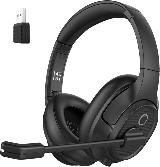 Bluetooth Headset for PC, Wireless Computer Headphone with AI-Powered Environmental Noise Cancelling Microphone & 2.4G USB Dongle, 55H Playtime, Over Ear Comfort Office Headset for Work, Laptop, Zoom