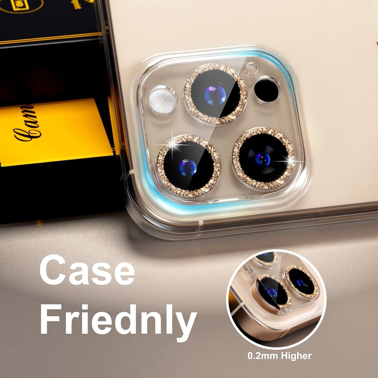 beuxece for 6 Pack iPhone 15 Pro/iPhone 15 Pro Max Camera Lens Protector [Drop Protection] [Case Friendly] [Easy Installation] 9H Tempered Glass Camera Screen Protector Cover, Glitter Gold