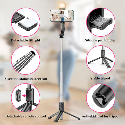 Selfie Stick Tripod with Fill Light, All in One Extendable Selfie Stick with Detachable Wireless Remote, Flexible Phone Tripod Stand Compatible with iPhone/Galaxy, Compact Size & Lightweight