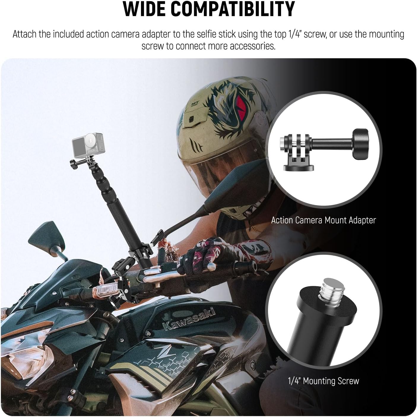 NEEWER Motorcycle Camera Mount Kit, Bicycle Handlebar Invisible Selfie Stick with Dual Ball Heads, Super Clamps, Action Camera Adapter Compatible with GoPro Insta360 DJI AKASO Action Cameras, GP-30