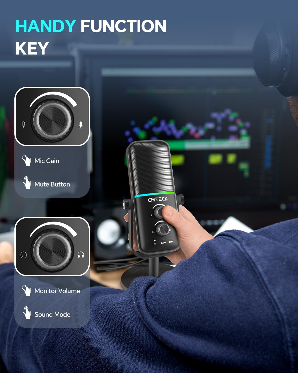 CMTECK USB Microphone for PC, PS4/PS5, Laptop – Computer Microphone with RGB Lighting, Mute Button, Mic Gain, Plug & Play, 3 Sound Modes for Streaming, Podcasting, Recording