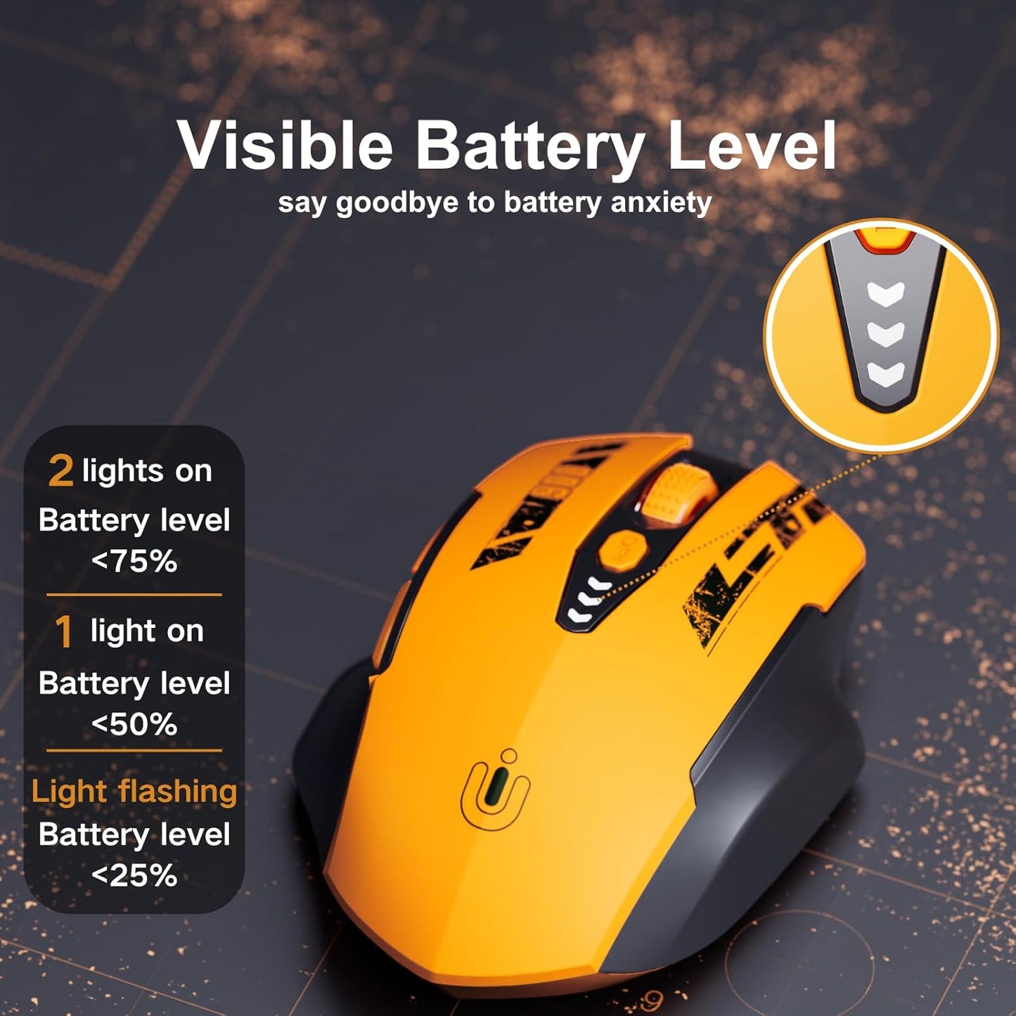 Wireless Mouse,Upgraded 2.4GHz Rechargeable (Battery Level Visible) Ergonomic Computer Mouse,4 Levels DPI, Wireless Mice for Laptop Computer(Yellow)