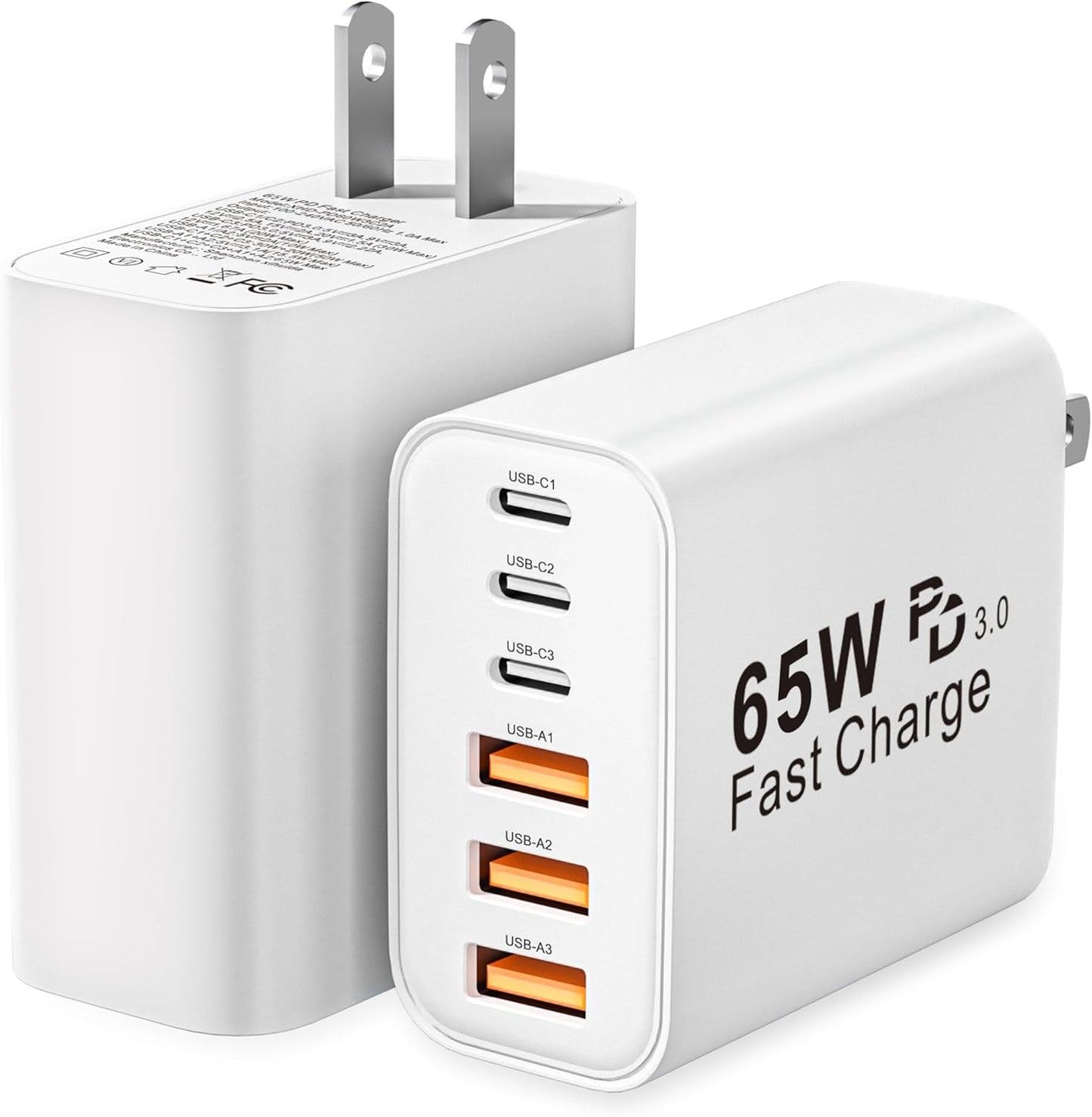 USB C Charger Block, 2-Pack 65W 6-Port USB C Wall Charger iPhone Charger Fast Charging PD Power Adapter+QC Wall Plug Multiport Type C Brick Chargers for iPhone 16 15 14 13 12 11 Pro Max XS,Samsung