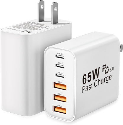 USB C Charger Block, 2-Pack 65W 6-Port USB C Wall Charger iPhone Charger Fast Charging PD Power Adapter+QC Wall Plug Multiport Type C Brick Chargers for iPhone 16 15 14 13 12 11 Pro Max XS,Samsung