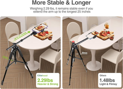Elitehood Ultra-Stable Overhead Tripod for iPhone – Heavy Duty Aluminum iPhone Tripod Stand, 360°Adjustable & 25in Horizontal Long Phone Arm, Tall Phone Holder Stand Mount for Recording