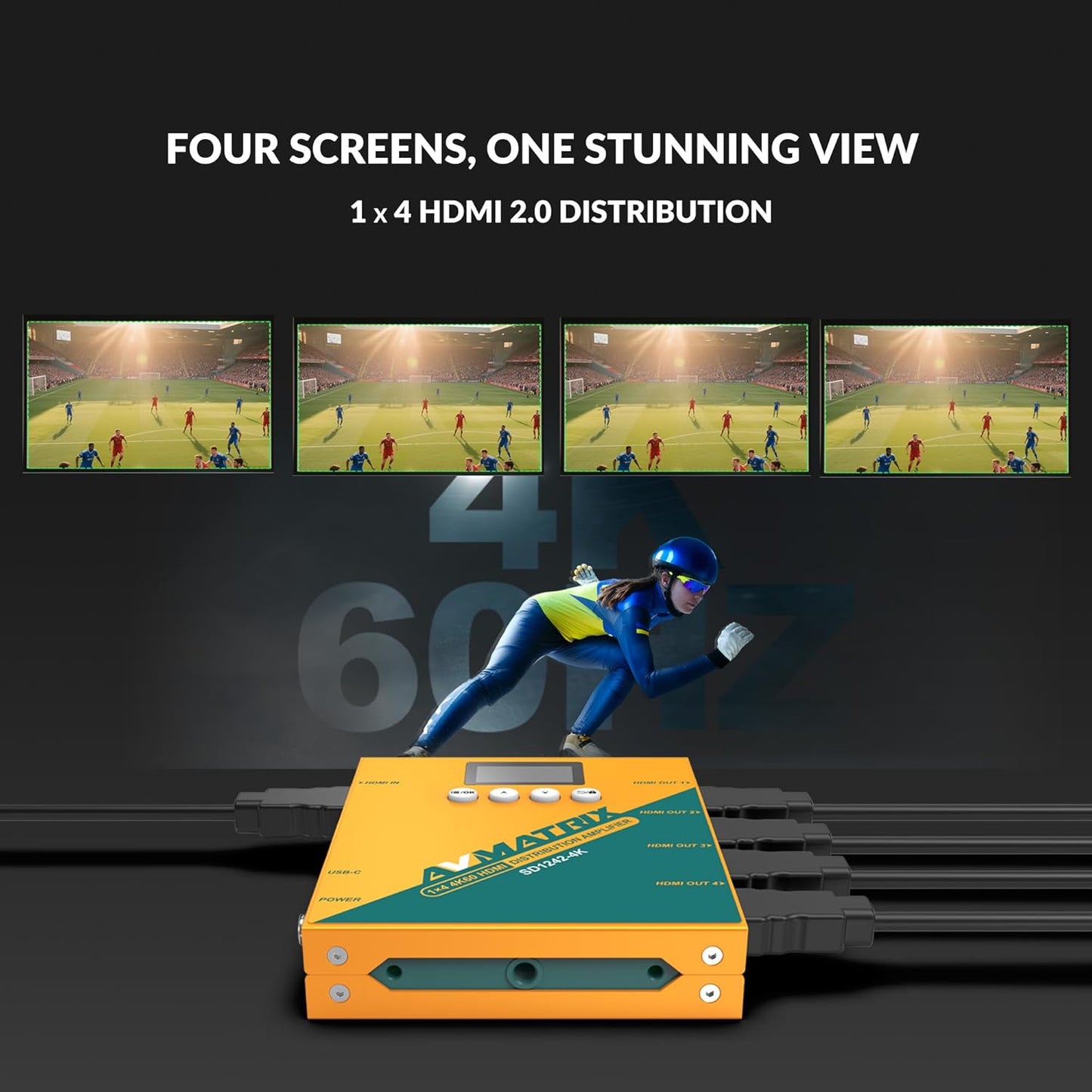 Avmatrix SD1242-4K HDMI Splitter, 1 in 4 Out, HDMI 2.0 interfaces Support 4K@60Hz, RGB 4:4:4, USB & DC Dual Power Supply, EDID Management, Compatible for HDTV, PS4