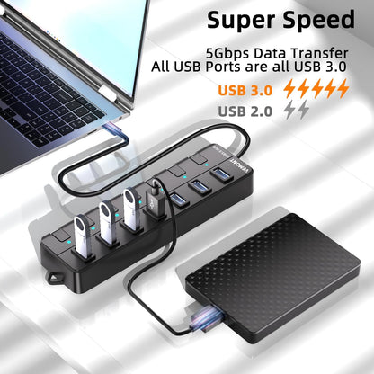 VEMONT 7-Port USB 3.0 Hub (Equipped with a 4-Foot Data Cable, Individual Switch, and Indicator Light, it Supports Data Transfer speeds of up to 5Gbps) Suitable for Desktop Computers and laptops.