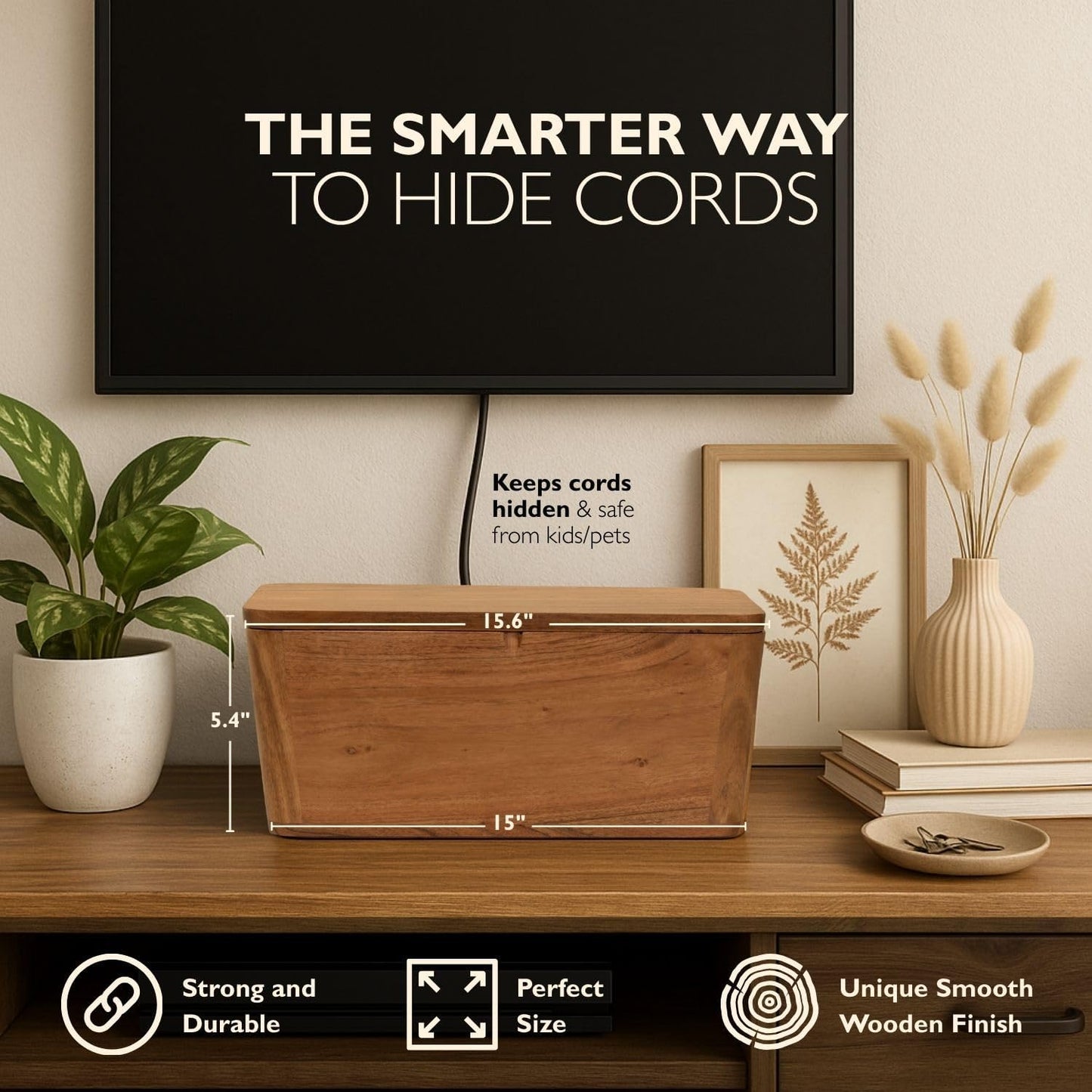 Extra Large Cable Management Box - Acacia Wood - Cable Organizer Box and Power Strip Box for Electrical Cord Management - Hide Desk Cord and Floor Cables - Wire Storage and Organization for Cords